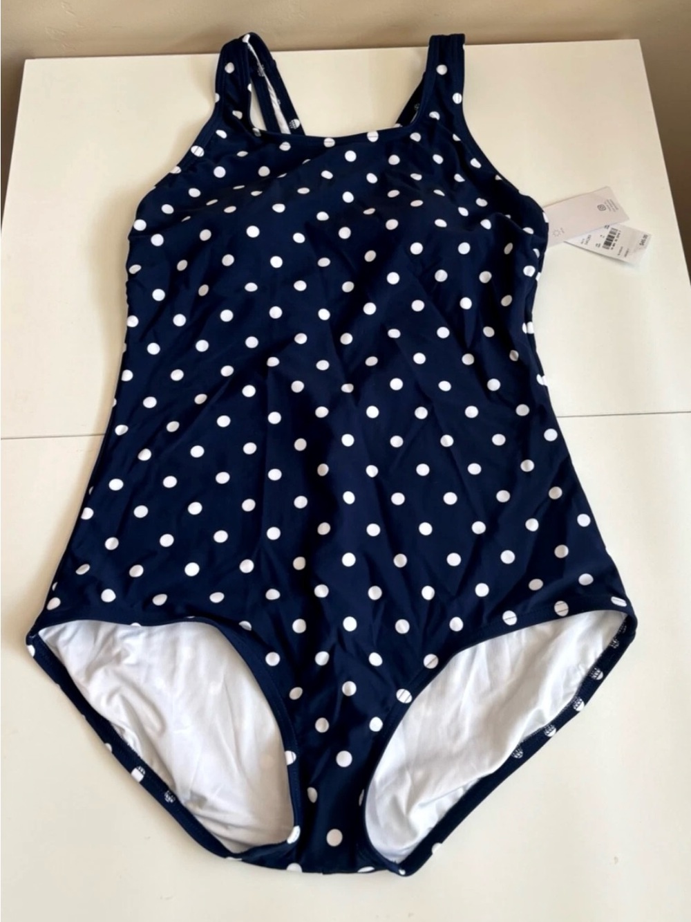 Lands' End Navy Blue Polka Dot One-Piece Swimsuit